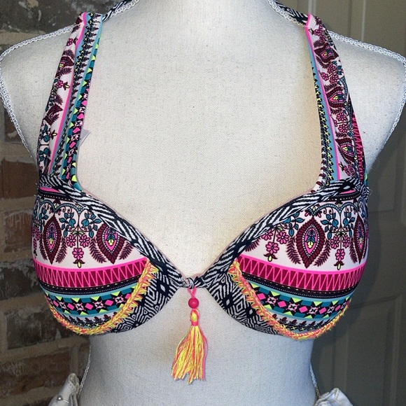 NWOT Shade & Shore Multicolored w/Tassle Element Bikini Top Size 34C - Picture 2 of 9